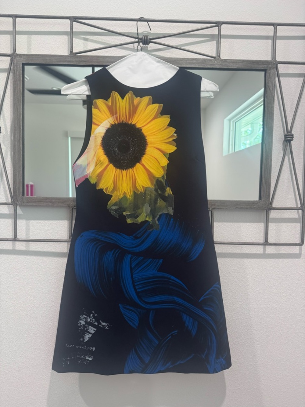 Alice + Olivia Black Dress with Yellow Sunflower & Blue Swirl
